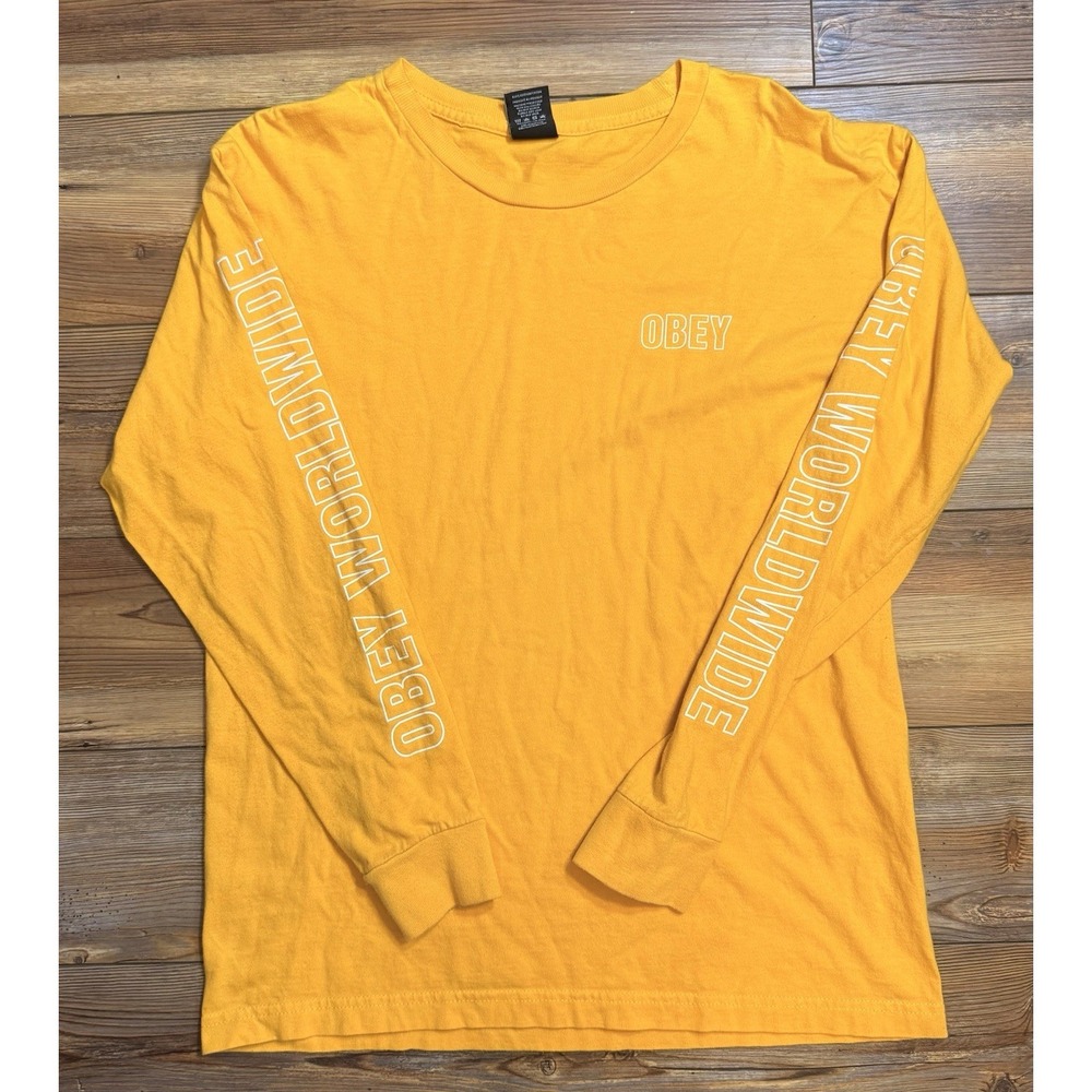 Obey Worldwide Long Sleeve T Shirt Mens Medium Yellow Graphic Streetwear Tee